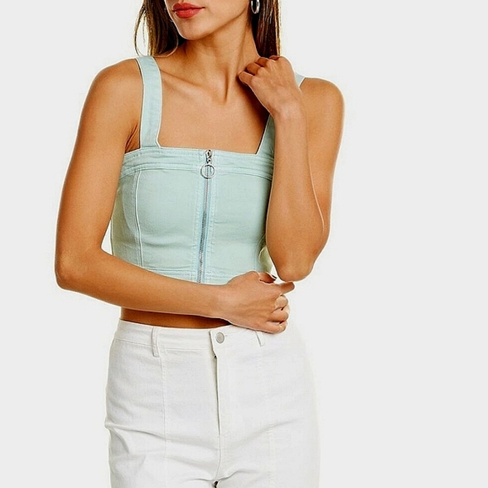 SALE Neon Blonde Vixen Mint Green Zip Front Denim Crop Tank Top Bustier L NWT